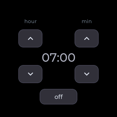 The alarm set to 07:00, with hour and minute arrows and an off button