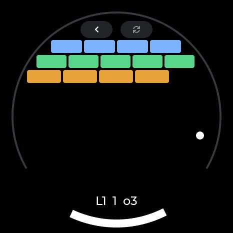 Brick breaker: three rows of bricks at the top, a curved paddle at the bottom
