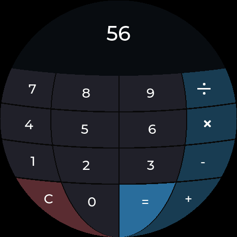The calculator showing 56, its keys fitted to the circle
