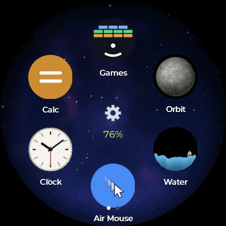 The home screen: six apps around a night-sky wallpaper
