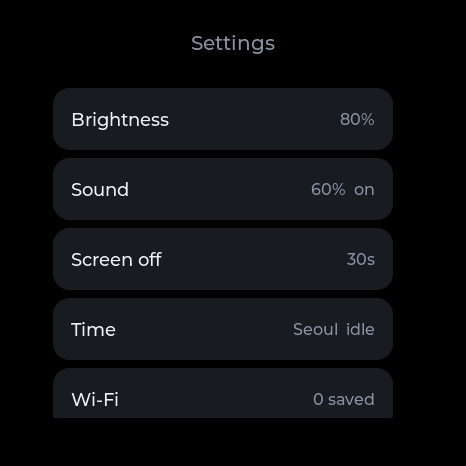 The settings list, each row showing its current value