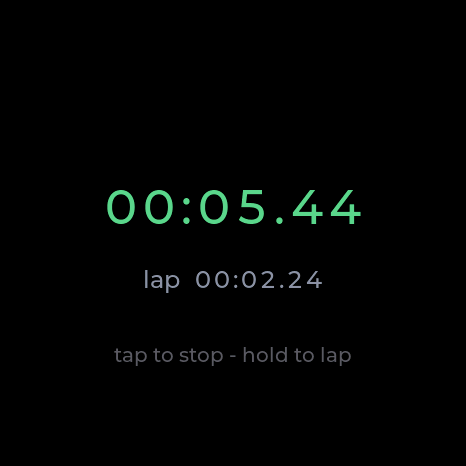 The stopwatch running at 00:05.43 with a lap at 00:02.25