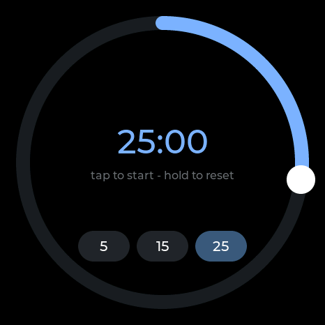 The timer: 25:00 with a ring most of the way round, and 5/15/25 presets